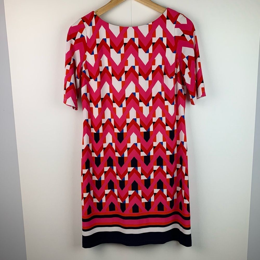 Eliza J women’s pink geometric print jersey shift dress sz 4P workwear business